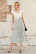 Ivory-Silver Tea-Length Cap-Sleeve Lace and Chiffon Mother of the Bride Dress