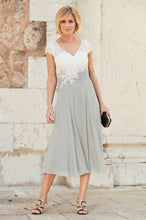 A-line V-neck Cap Sleeves Tea-length Chiffon Lace Mother of the Bride Dresses
