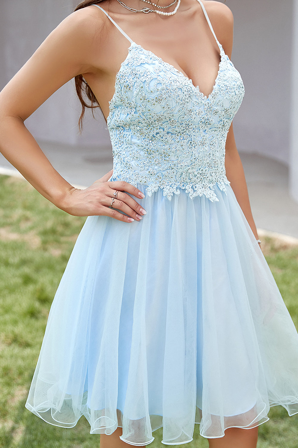 Crisscross-Back Lace-Applique Tulle A-Line Homecoming Dress