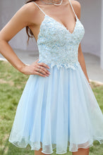 Spaghetti Strap Lace Applique Tulle Short Homecoming Dress with Criss Cross Back