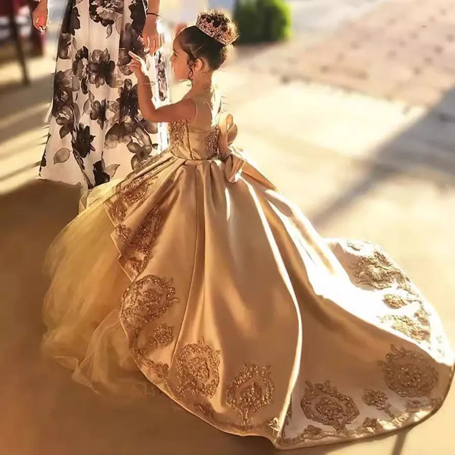 Gold Sleeveless Satin Flower Girl Dresses With Bows