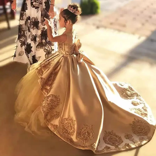 Gold Sleeveless Satin Flower Girl Dresses With Bows