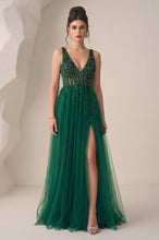 V-Neck Sequined Bodice Tulle Prom Dresses with Slit