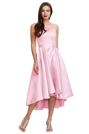 Silver High-Low Satin Cocktail Dress with Lace Bodice, Pleats and Pockets
