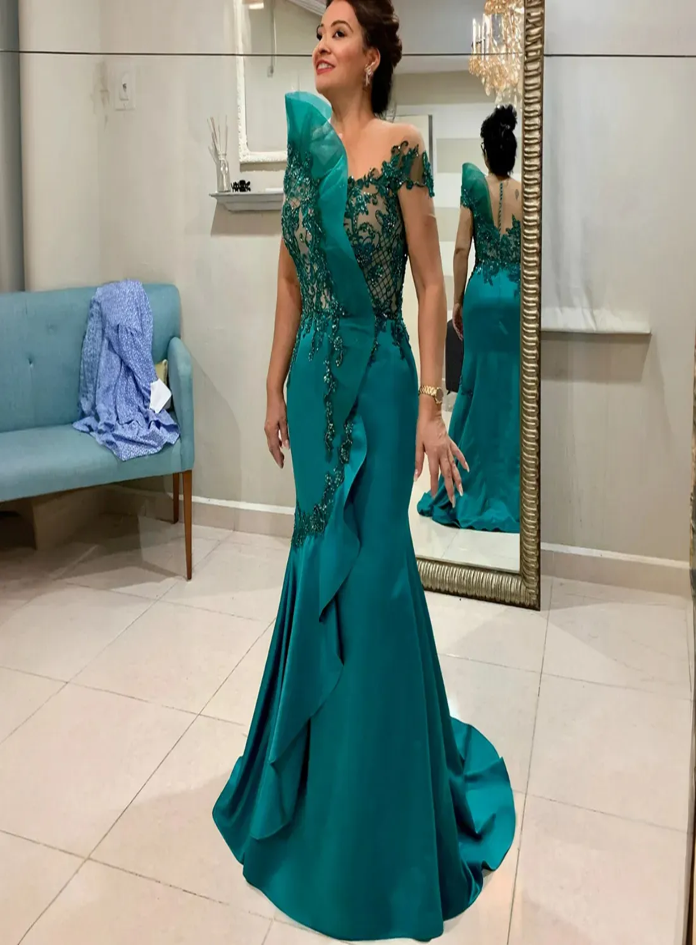 Long Teal Mermaid Satin Mother of the Bride Dress With Lace Appliques Main image