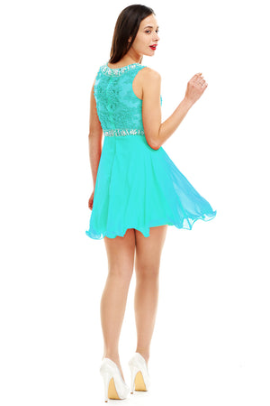 Aquamarine Illusion-Back Lace-Applique Chiffon A-Line Homecoming Dress