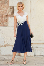 A-line V-neck Cap Sleeves Tea-length Chiffon Lace Mother of the Bride Dresses