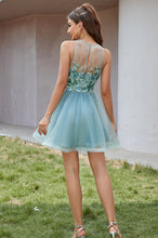 High Neck Floral Applique Tulle Short Homecoming Dress with Keyhole Back