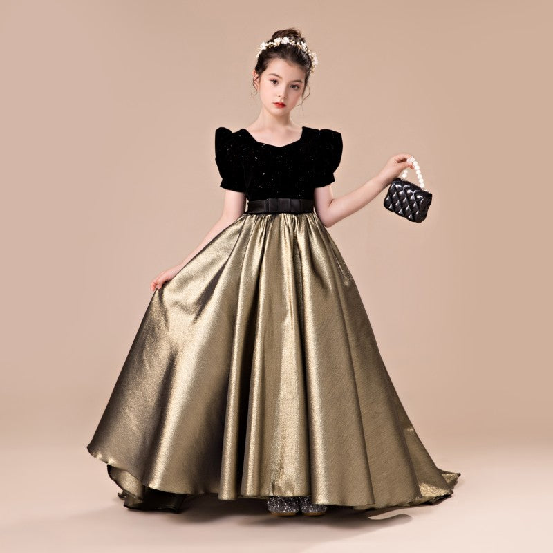 Black Velvet Bodice With Sparkling Skirt Flower Girl Dress with Bows