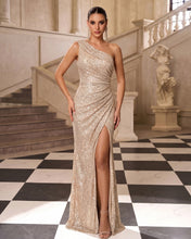 Sparkly Rose gold Sequin One Shoulder Ruched Long Prom Dress with Slit