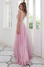 Sleeveless Lace Applique Chiffon Prom Dress with Open Back & Leg Slit