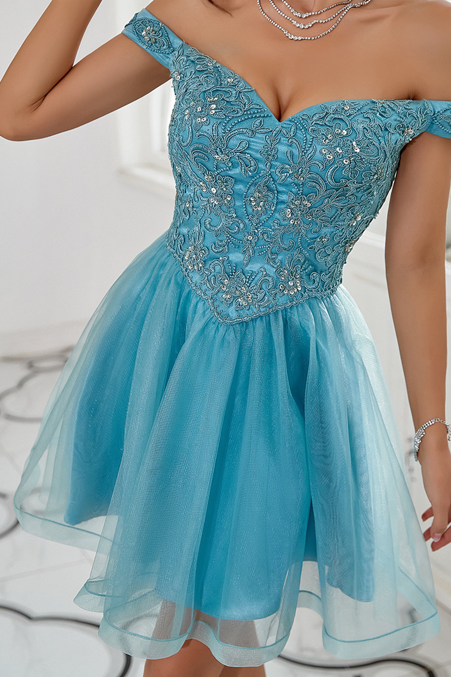 Off Shoulder Beaded Lace Tulle Short Homecoming Dress