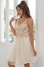 V-Neck Beaded Applique Tulle Short Homecoming Dress with Sheer Mesh Back