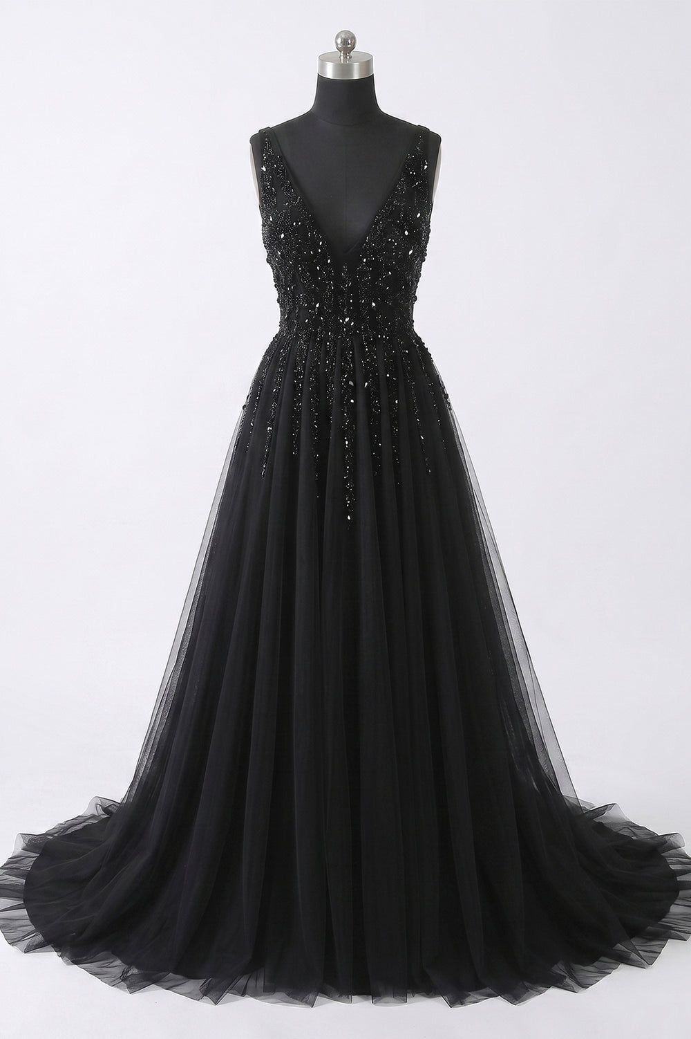 Sequin and Tulle A-Line Prom Dress with V-Back and High Slit