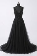 Black Sequin and Tulle A-Line Prom Dress with V-Back and High Slit
