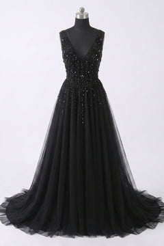 Black Sequin and Tulle A-Line Prom Dress with V-Back and High Slit