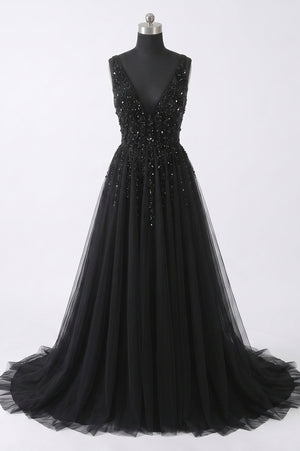 Black Sequin and Tulle A-Line Prom Dress with V-Back and High Slit