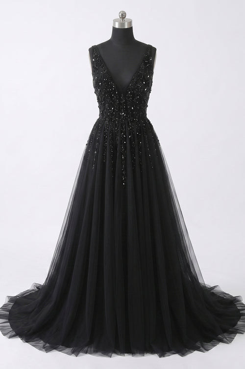 Black Sequin and Tulle A-Line Prom Dress with V-Back and High Slit