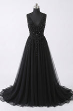 V-Neck Sequined Bodice Tulle Prom Dresses with Slit