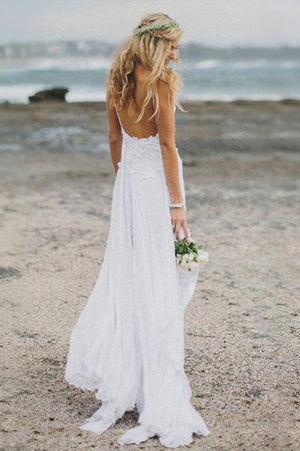 Ivory Open-Back Lace and Chiffon A-Line Wedding Dress with High Slit