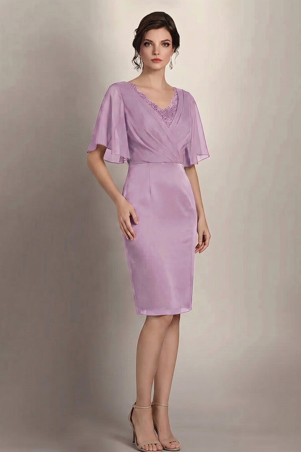 Flutter-Sleeve Lace-Inset Chiffon Sheath Mother of the Bride Dress