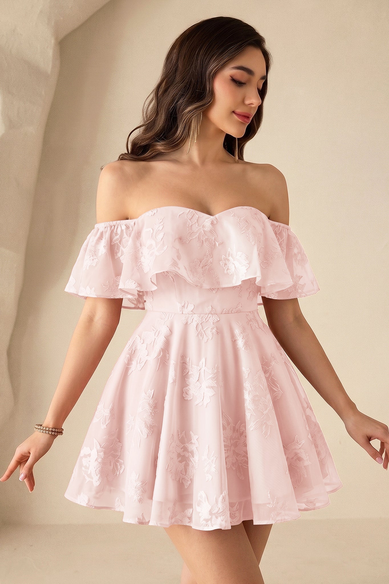 A-Line Off-the-Shoulder Short Pearl Pink Lace Homecoming Dresses Angrila A-Line Off-the-Shoulder Short Pearl Pink Lace Homecoming Dresses Angrila