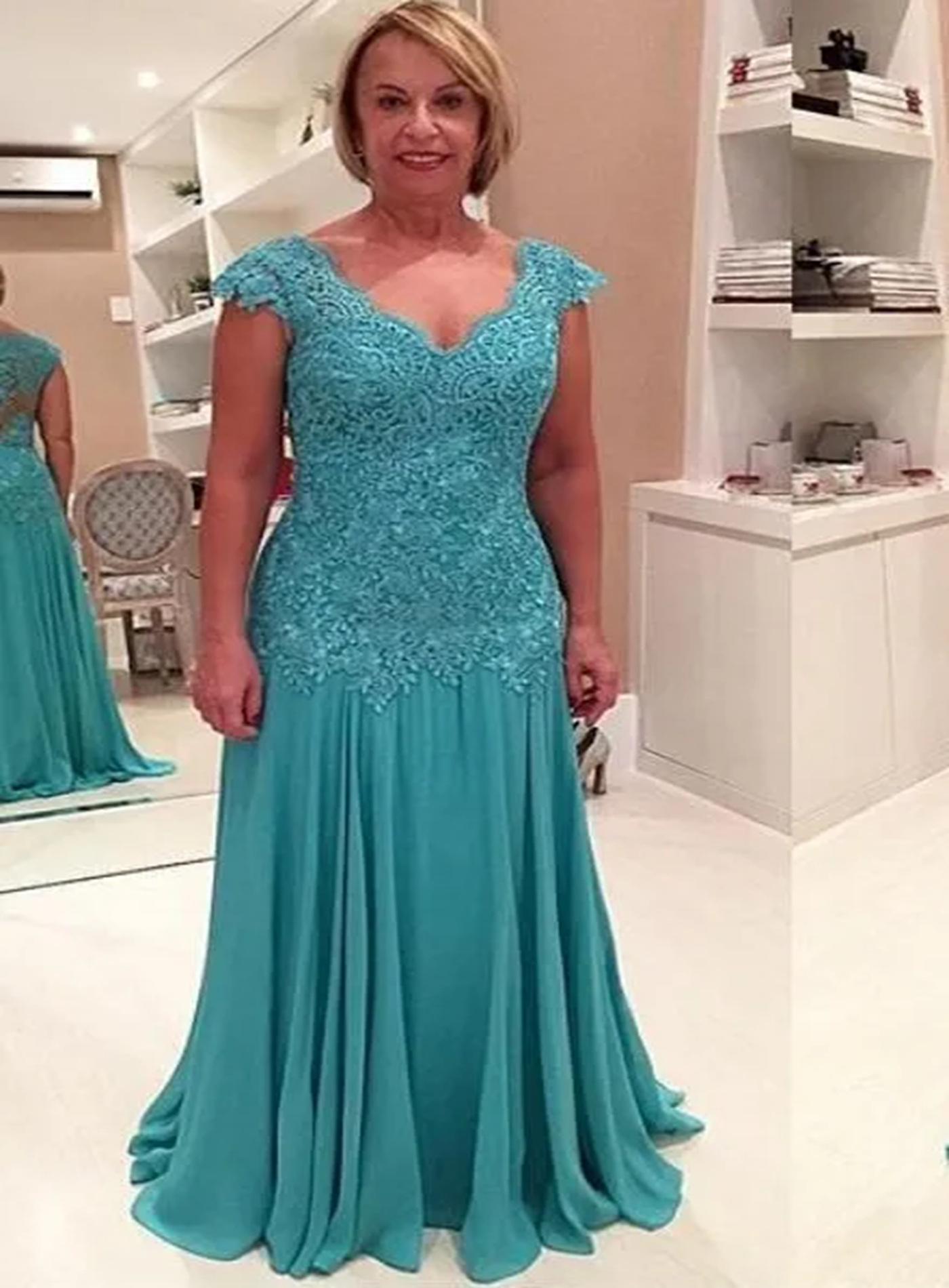 V-Neck Turquoise Lace Appliques Floor Length Chiffon Mother of the Bride Dress Main image