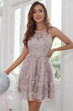 Round Neck Floral Embroidered Tulle Short Homecoming Dress with Keyhole Back