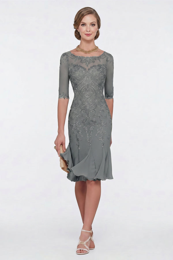 Half-Sleeve Lace Sheath Mother of the Bride Dress with Chiffon Ruffle Hem