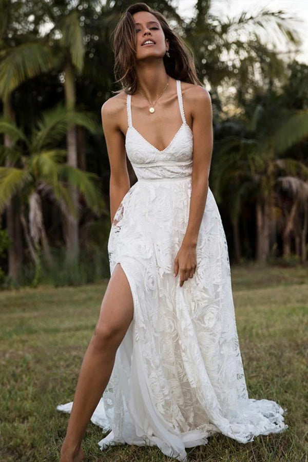 Boho V-Neck Lace A-Line Wedding Dress with High Slit and Train