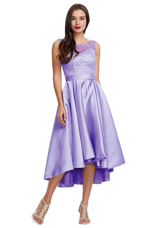 Silver High-Low Satin Cocktail Dress with Lace Bodice, Pleats and Pockets