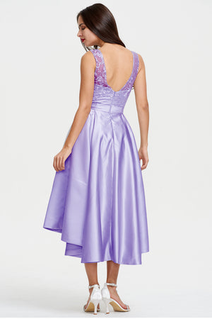 Silver High-Low Satin Cocktail Dress with Lace Bodice, Pleats and Pockets