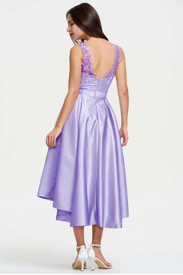 Silver High-Low Satin Cocktail Dress with Lace Bodice, Pleats and Pockets