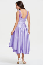Scoop Neckline Slim Fit High Low Satin Homecoming Dress With Lace