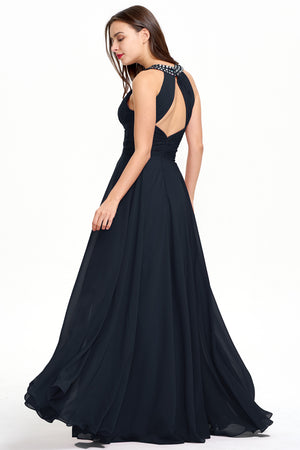 Black Halter Chiffon A-Line Evening Dress with Keyhole Neckline