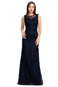 Dark Navy Lace Sheath Evening Gown with Illusion Neckline and Low Back