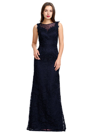 Dark Navy Lace Sheath Evening Gown with Illusion Neckline and Low Back