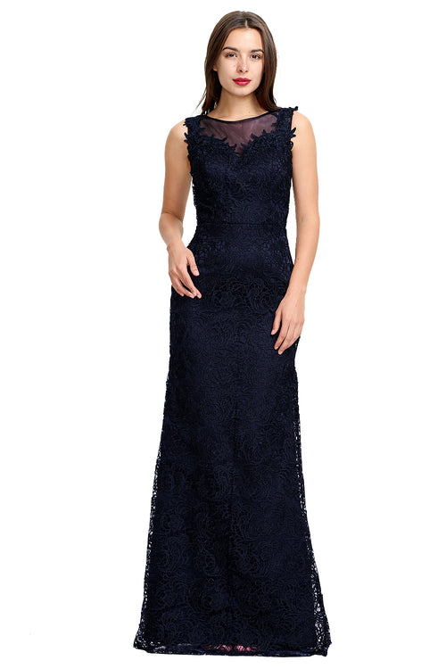 Dark Navy Lace Sheath Evening Gown with Illusion Neckline and Low Back