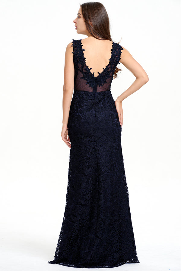 Dark Navy Lace Sheath Evening Gown with Illusion Neckline and Low Back