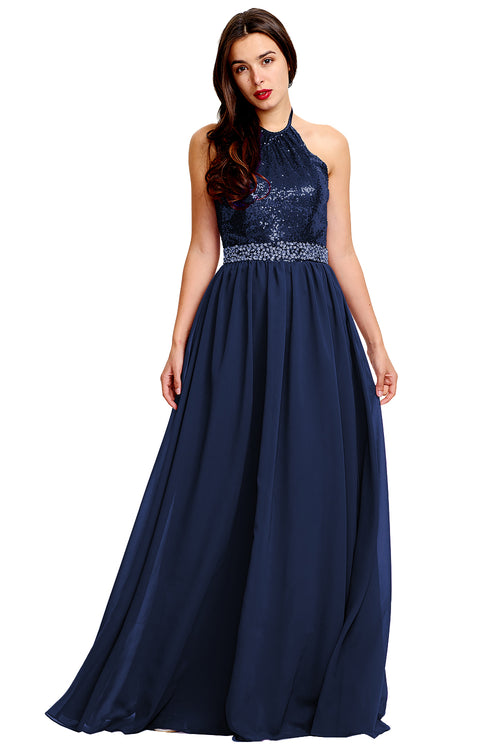 Navy Open-Back Sequin and Chiffon Halter A-Line Prom Dress