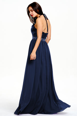 Navy Open-Back Sequin and Chiffon Halter A-Line Prom Dress