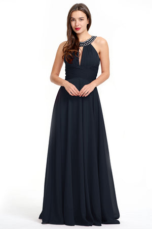 Black Halter Chiffon A-Line Evening Dress with Keyhole Neckline