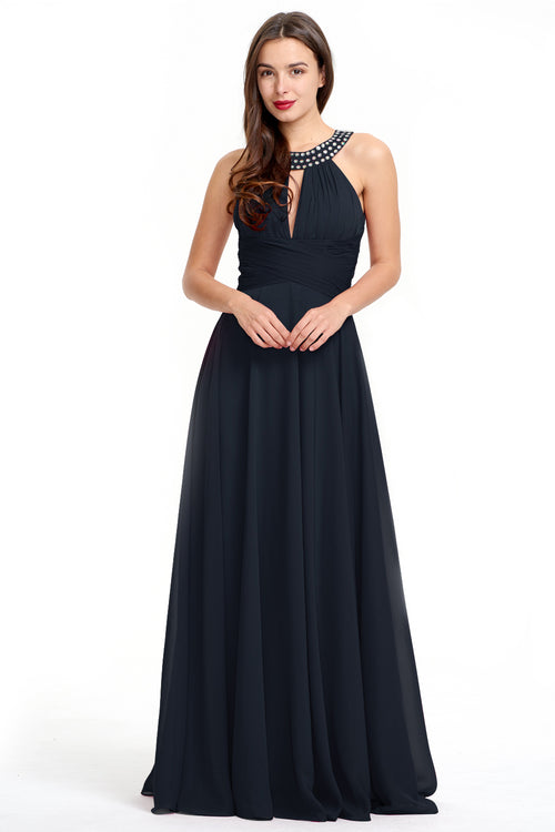 Black Halter Chiffon A-Line Evening Dress with Keyhole Neckline