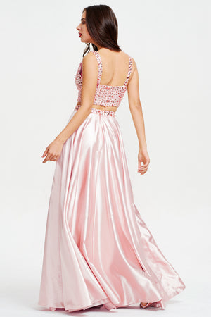 Blushing Pink Two-Piece Beaded Stretch Satin A-Line Prom Dress with Slit