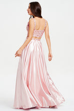 A-Line V-Neck Sleeveless Two Piece Slit Satin Long Prom Dresses