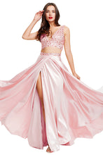 A-Line V-Neck Sleeveless Two Piece Slit Satin Long Prom Dresses