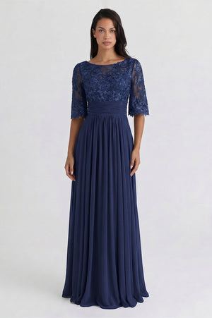 Bell-Sleeve Chiffon Mother of the Bride Dress with Lace Bodice
