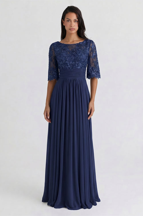 Navy Bell-Sleeve Chiffon Mother of the Bride Dress with Lace Bodice