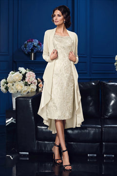 Ivory Short Lace Sheath Mother of the Bride Dress with Long Chiffon Jacket