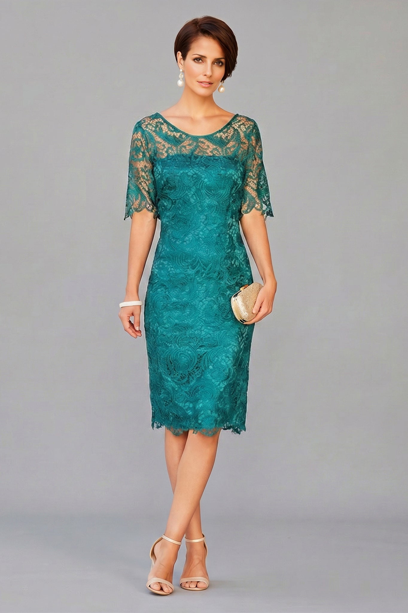 Sheath/Column Knee-length Lace Mother of the Bride Dresses with 1/2 Sl Angrila Sheath/Column Knee-length Lace Mother of the Bride Dresses with 1/2 Sl Angrila